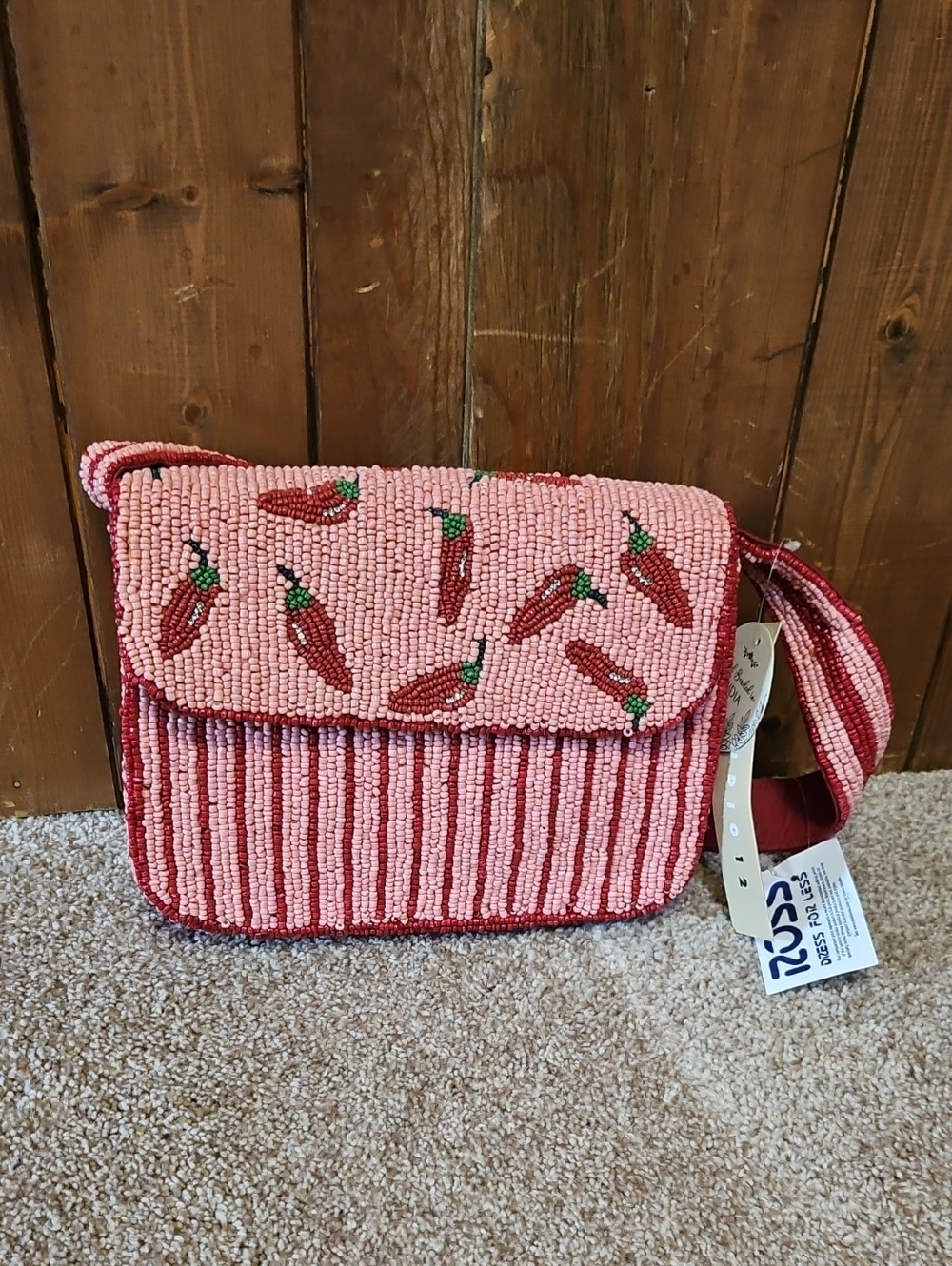 Pink Beaded Chili Pepper Crossbody Bag with Adjustable Strap